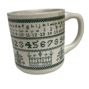 Cross-stitch Vintage White Green Sampler Mug USA Crafter Needlepoint Cross Stitc